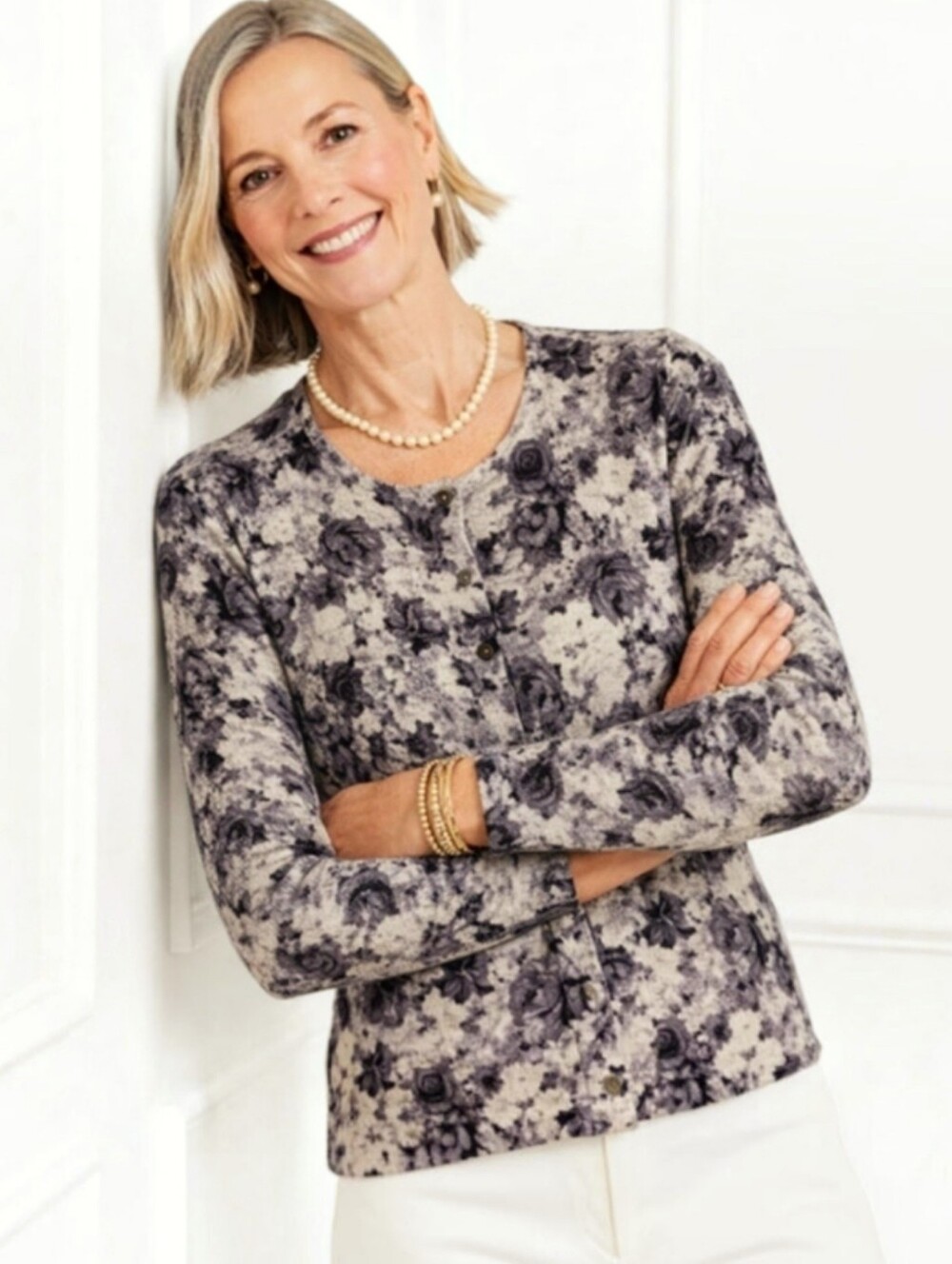 TALBOTS Classic Cardigan Sweater Floral Cream Charcoal Grey Black Medium